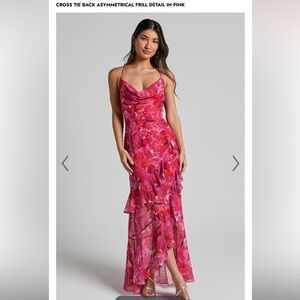 SHOWPO ISOBELLA MIDI DRESS - COWL NECK CROSS TIE BACK ASYMMETRICAL FRILL DETAIL